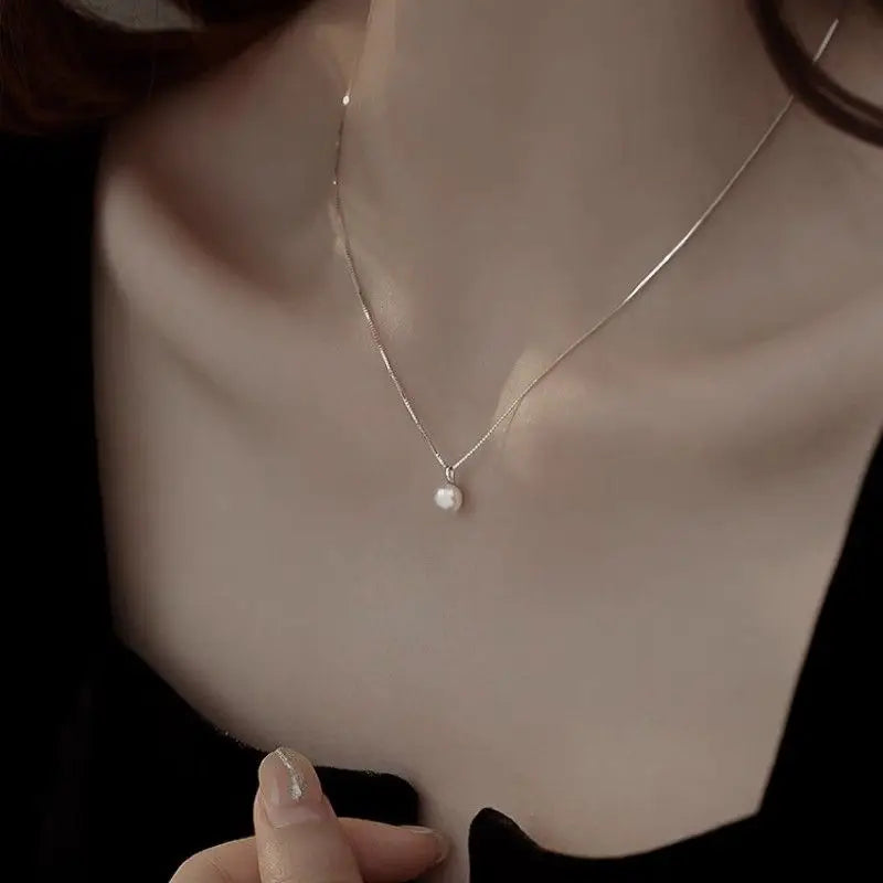 Somilia Fashion 925 Sterling Silver 18k Gold Necklace Single White Round Pearl Clavicle Chain for Women Mom Wedding Gift Jiry