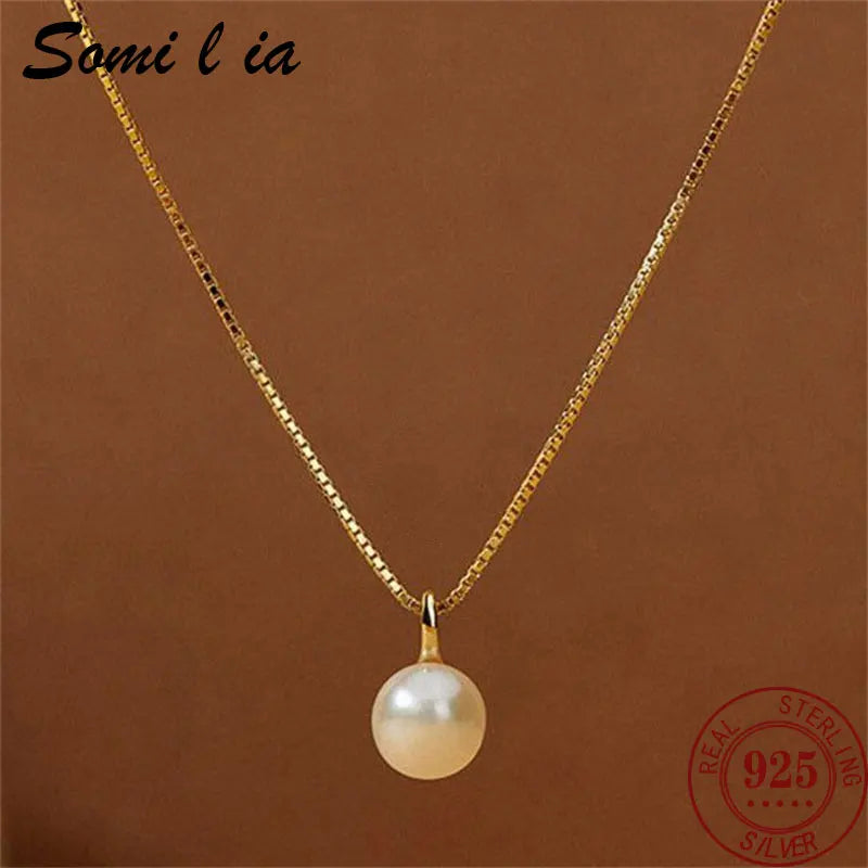 Somilia Fashion 925 Sterling Silver 18k Gold Necklace Single White Round Pearl Clavicle Chain for Women Mom Wedding Gift Jiry